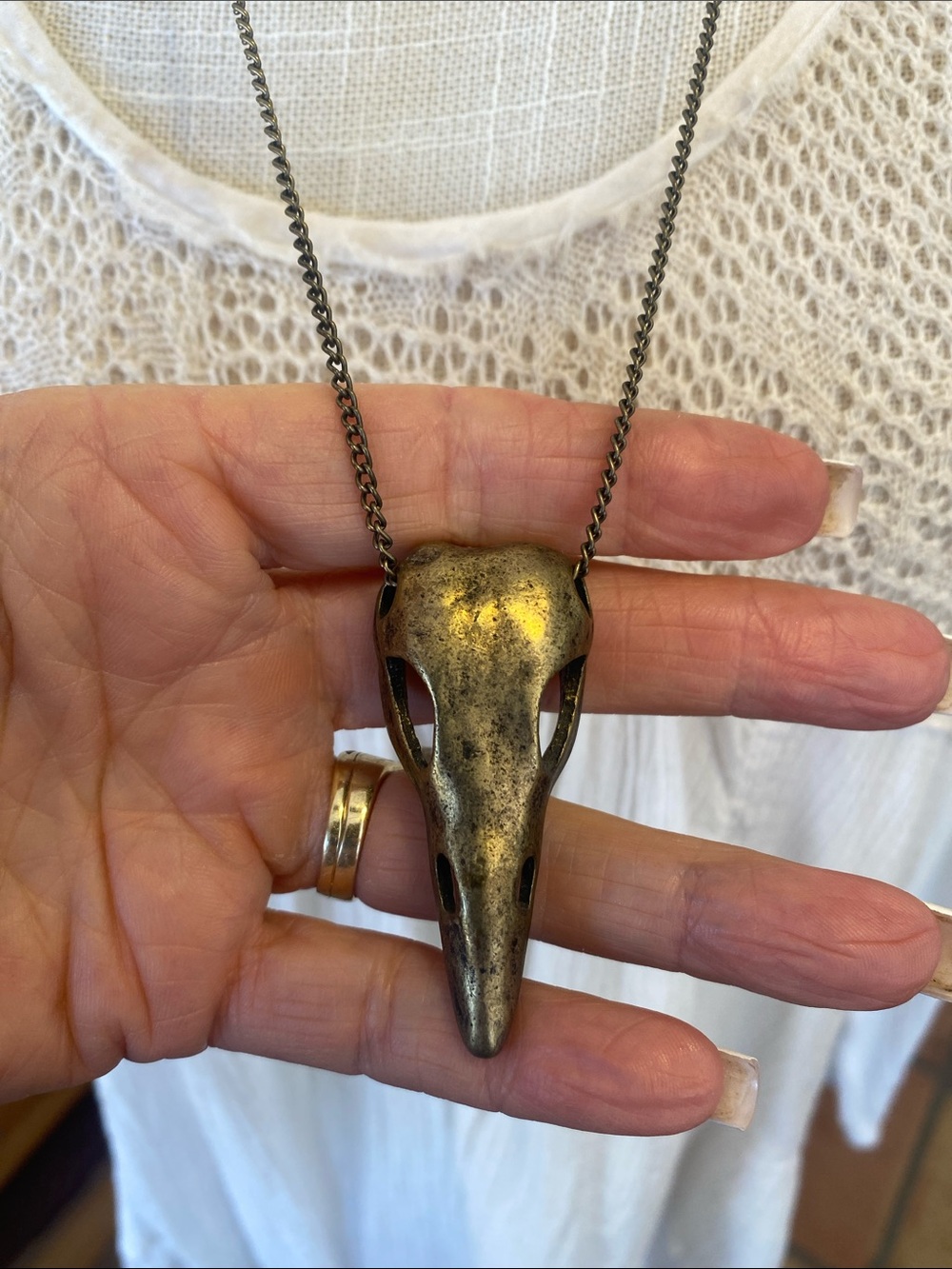 Antique Brass Tone Bird Skull Pendant Necklace - Statement Jewelry